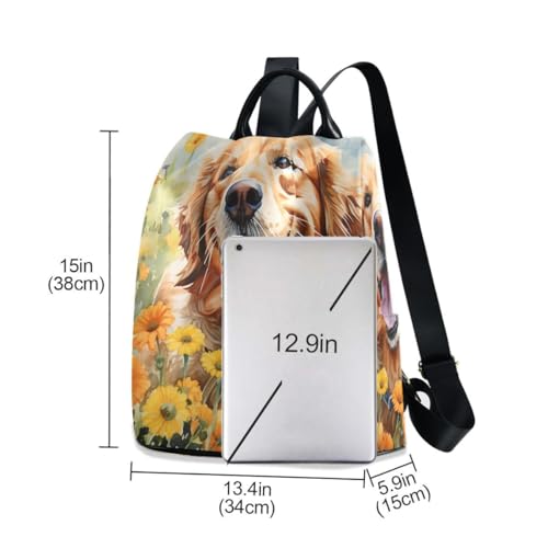 Image of ALAZA Cute Golden Retriever in Flower Field Trips Hiking Camping Rucksack Pack for Women