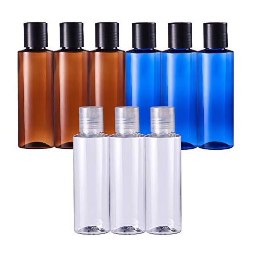 BENECREAT 9 Pack 120ml(4 Onzas) Botella Vacía de Plástico Pet Botella Portátil de Viaje Contenedor de Gel de Ducha, Desmaquillador, Crema, Loción 3 Colores Transparente Ámbar y Azul Oscuro