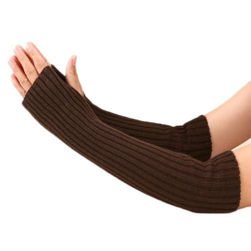 CABODYALS 2 Paire de Chauffe Bras en Tricot Marron Longs Gants sans Doigts Tricotés Hiver Doux Trou pour Le Pouce Gants Poignet Mitaines Manches Crochet Couverture de Main pour Femmes Dactylograph