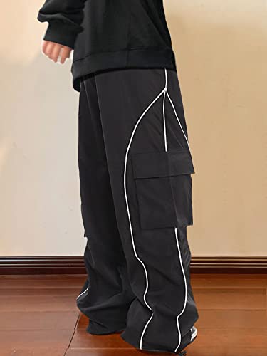 Oyoangle Men's Cargo Track Pants Drawstring Elastic Waist Flap Pockets Hip Hop Baggy Harem Pants Pure Black Xl #TOP1