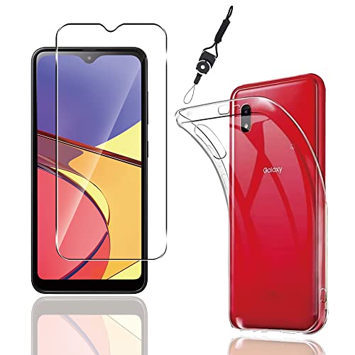 【1枚セット Galaxy A20 SC-02M / SCV46 / Galaxy A21 SC-42A / SCV49 ガラス フィルム + Galaxy A20 / Galaxy A21 ケース クリア + ネックストラップ付】 液晶保護 フィルム 硬度9H 日本製素材旭硝子製 耐衝撃 + 全透明 カバー TPU 耐衝撃 超薄型 Galaxy A20 / Galaxy A21