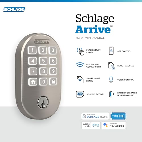 Image of Schlage Arrive Smart WiFi Deadbolt Lock with Remsen Trim, Satin Nickel | Keyless entry door lock, Push button keypad, Built-in app control, Alexa, Google Home & Ring compatible, Certified security