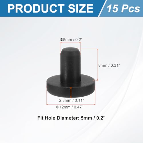 Image of uxcell 15Pcs Silicone Hole Plug, Waterproof Solid T-Shaped Rubber Stoppers Bottle Seal Tube Pipe Plug End Cap for 5mm /0.2 inch Hole for Bathtub Bottle, 0.31 inch Plug Height, Black