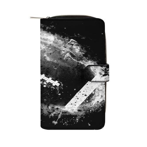 Women Soft PU Leather Wallet, Zipper Card Case Clutch Credit Bills Money Crash Coin 7.8x4.3x1.4 in Holder Purse Print Retro American Football In Fire And Ice Style On Black