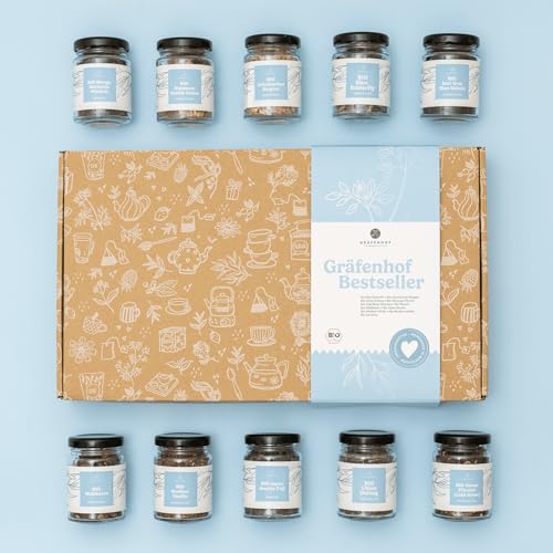 100% BIO Tee Geschenkset I 10 Lieblinge Teesorten im Tee Set I Teemischung im Glas I Probier-Box vom riesigen Teesortiment mit Kräutertee Geschenkset bis Earl Grey für Damen & Herren von Gräfenhof