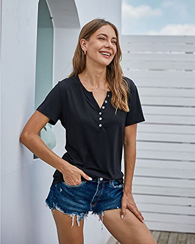Kilig Women's Short Sleeve V-Neck Button Loose Casual Tops Blouse Henley T Shirts(A1-Black,X-Large) #TOP2