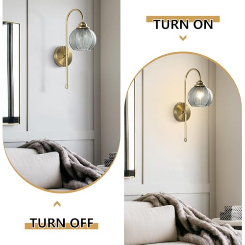 Image of KCO Lighting Brushed Gold Wall Sconce Set of Two Vintage Smoked Glass Wall Lights Mid Century Bathroom Light Sconces Set of 2 Modern Globe Wall Sconce Long Arc Wall Light