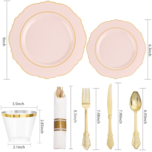 Liacere 350PCS Pink Plates Disposable - Pink and Gold Plates 50guest Baroque Plastic Dinnerware include 100Plates, 50Pack Pre Rolled Napkins with Silverware 50Cups Perfect for Wedding＆Mother\'s Day - Thumbnail 7