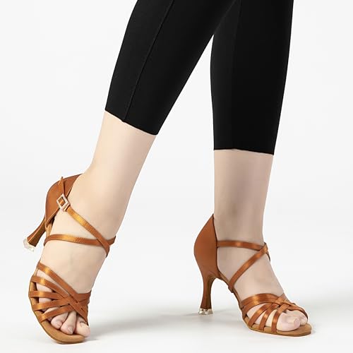 RoseMoli 3" Ballroom Dance Shoes Women Salsa Latin Dance Shoes for Woman Satin Professional Practice Performance for Dancing Heels Tan 5.5 by RoseMoli - Used condition - Image 2