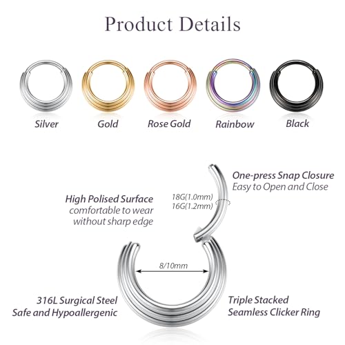 FUNLMO Triple Stacked Septum Nose Ring 316L Surgical Steel Daith Conch Helix Cartilage Lobe Piercing Jewelry 16G 10mm Gold by FUNLMO - Used condition - Image 2