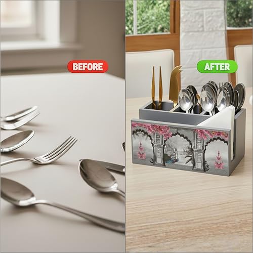 Image of Home Sparkle Engineered Wood Cutlery Holder with Napkin Rack - Multipurpose Spoon Stand & Kitchen Organizer Rack for Dining Table, Restaurant & Countertop - Brown Finish (B13V31)