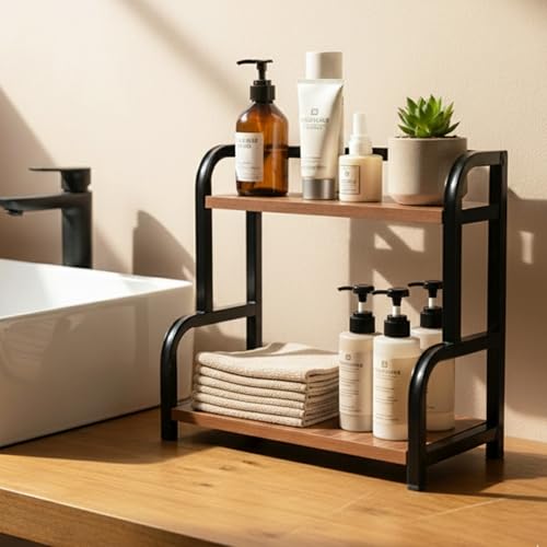 Image of ABJA Kitchen Countertop Organizer Corner Rack (Rustic Brown Arched, 2 Tier)