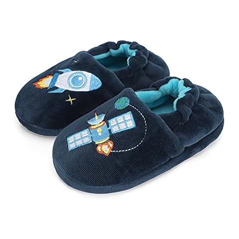 ESTAMICO Baby Boy's Premium Soft Plush Slippers Cartoon Rocket Warm Winter House Shoes, Navy 7-8 Toddler Cover