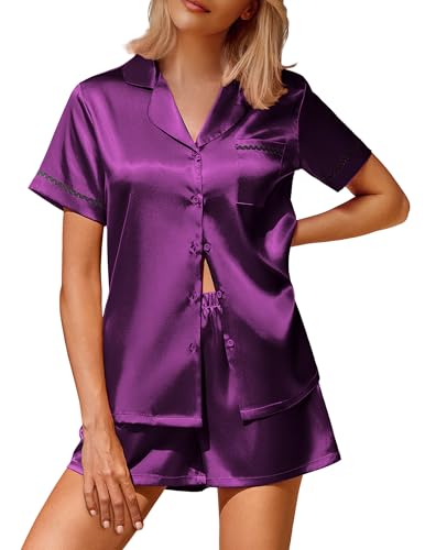 Image of Ekouaer Silk Satin Pajamas 2 Piece Pajamas for Women Set Button Down PJ Short Sleeve and Shorts Pjs Lounge Sets
