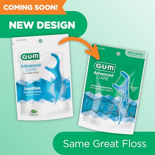 Image of GUM Advanced Care Dental Floss Picks, Extra-Strong Shred-Resistant Floss with Vitamin E, Fluoride & Easy-Grip Handle, Fresh Mint Flavor, 150 Count