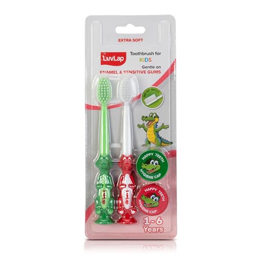 Image of LuvLap Croco Baby Toothbrush with Extra Soft Bristles, Gentle on Enamel, Easy To Hold, Rounded Head Brush For Kids with Hygiene Cap, BPA Free, Toothbrush for Kids, Baby Brush for 1+ Years, Pack of 2
