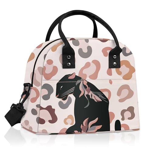 Clastyle Bolsa Termica Porta Alimentos Mujer Flor Bolsa Almuerzo Adulto Reutilizables con Correa, Bolsa Comida Trabajo Hoguera para Viaje Picnic,Leopardo Marrón