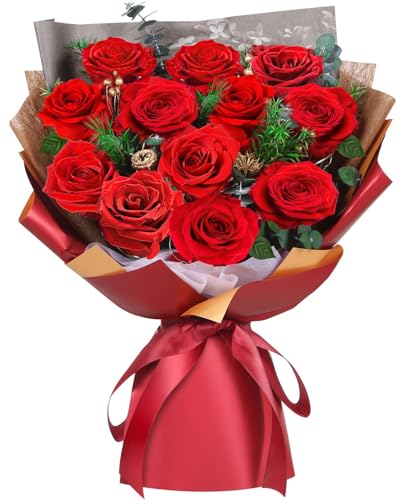ADDWel Ewiger Rosenstrauß aus 12 Echten Rosen - Haltbare Konservierte Blumen - Idealer Liebesbeweis & Geschenk für Frauen & Oma zu Weihnachten, Muttertag & Geburtstag