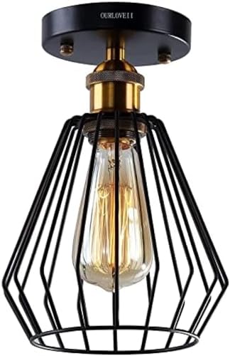 Vintage Black Ceiling Light with E27 Socket Industrial Retro Ceiling Lamp Cage Corridor Ceiling Lighting Gold Corridor Lamp for Entrance, Foyer, Living Room, Loft, Restaurant, Storage Room,Picture
