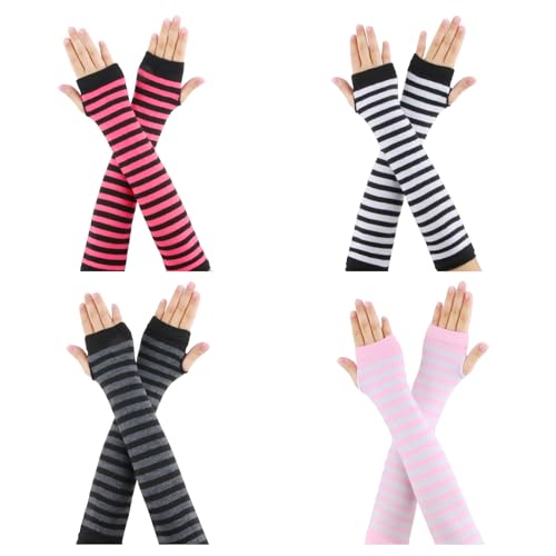 CIYIN Långa fingerlösa handskar, 4 par långa randiga handskar, randiga långa fingerlösa handskar, med tumhål, för varm användning på hösten och vintern, en storlek, Flerfärgad, one size