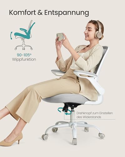 SONGMICS Bürostuhl ergonomisch, Drehstuhl mit Mesh, Lenden- und Kopfstütze, Wippfunktion, 53 cm große Sitzfläche, klappbare Armlehnen, Arbeits- und Schlafzimmer, Studenten, hellgrau OBN037G02