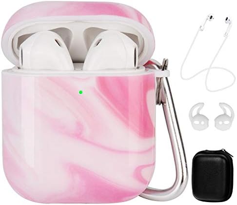 Cute Airpods Case Cover with Pink Marble Pattern,OLEBADN Protective and No Dust Sticking Skin for Women and Girls, 5 in 1 Accessory Set Including Keychain Compatible for Airpods 2&1 Front LED Visible