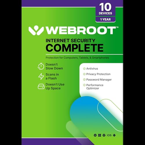 Webroot Internet Security Complete | Antivirus Software 2025 | 10 Device | 1 Year Download for PC/Mac/Chromebook/Android/IOS + Password Manager, Performance Optimizer | Packaged Version