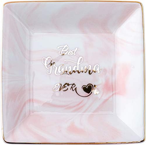 Fullrain Marble Ceramic Jewelry Ring Dish Tray -Best Grandma Ever，Funny Birthday Mother's Day Gift Idea For Grandma(Pink)