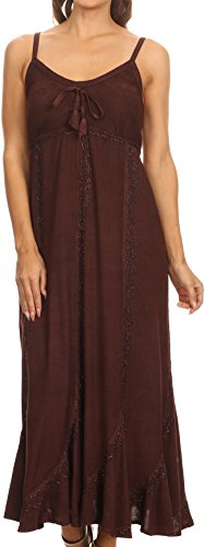 Image of Sakkas Allie Stonewashed Embroidered Adjustable Spaghetti Straps Long Dress