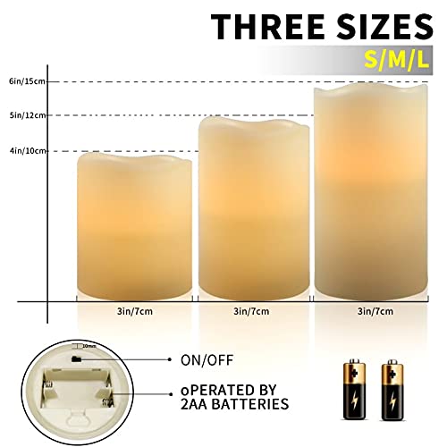 Image of VETOUR Battery Operated Flameless Candles: Remote Control LED Electric Set of 3 H4 inch5 inch6 inchD3.15 inch Ivory Real Wax Pillar Flickering Candle with Timer Home Halloween Christmas Gift Deco