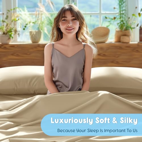 Image of SONORO KATE 1000 Series 100% Egyptian Cotton Queen Sheet Set,4 Pieces | Soft,Breathable Long Staple,Sateen Weave,Luxury 5-Star Hotel Bed Sheets,16 inch Deep Pocket,Beige