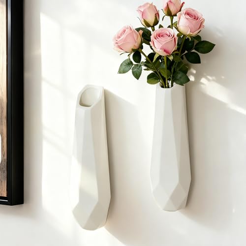 JIDOFUE Vase mural blanc en céramique, 30 cm, support mural moderne pour fleurs et plantes succulentes, vase à fleurs à suspendre pour salon et salle de bain