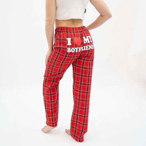 I Love My Boyfriend Plaid Flannel Pajama Pants, Christmas Edition, Red2