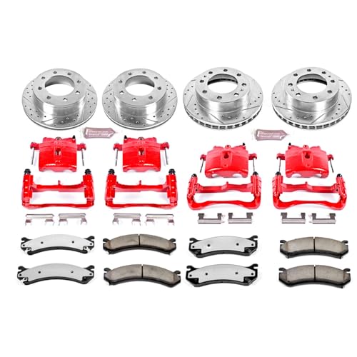 Image of PowerStop Front and Rear Brake & Caliper Kit for Chevrolet Avalanche 2500 2002-06 |Silverado 2500 1999-04 - Drilled & Slotted Disc Rotors + Z36 Brake Pads + Red-Powder Coated Calipers, KC2027-36