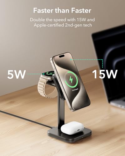 Image of ESR 3 in 1 Wireless Charging Station, [Certified] Apple Watch Charger & 15W MagSafe Charger Stand for iPhone, Wireless Charger for Multiple Devices iPhone 17-12&Watch&AirPods,Black