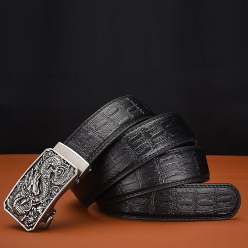 Men Ratchet Embossed Belt,Crocodile Pattern Leather Strap Automatic Buckle Carved Dragon Dress Casual,Trim to Fit2