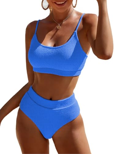 Image of Fanuerg Women's Ribbed High Waisted Bikini Sets Scoop Neck Two Piece Swimsuits Spaghetti Strap Textured Bathing Suit