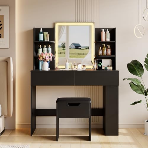 Image of YESHOMY 35.4 Inch Vanity Desk Set with LED Mirror and Lights, Classic Black | Makeup Vanity Set with 2 Drawers, Side Shelves, Storage Bench, Open Shelves and 3 Color Lighting Modes