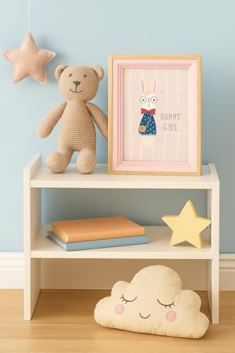Image of Decorative Wooden Photo Frame 4x6, Pink & Natural Frame for Kids Room, Cute Bunny Illustration Picture Frame, 20cm x 15cm, Tabletop & Wall Display