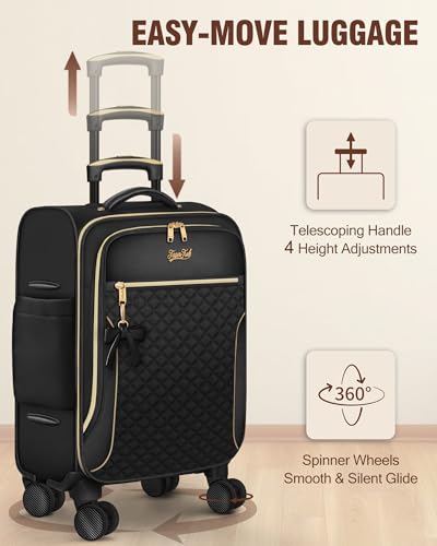 Carry On Luggage 22x14x9 Airline Approved, 20 Inch Softside Suitcase with 4 Pcs, Lightweight Luggage for Women with TSA Lock and 4 Spinner Wheels, Soft Side Carry-on Suitcases for Travel, Black 5