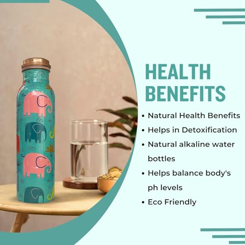 Image of Copper Water Bottle 1 Ltr | Copper Water Bottle with Glass Set | Meena Work | 100% Pure | Leak-Proof | 2 Water Glass 300ml each | Best for Gifting ((Seafoam Blue Design))