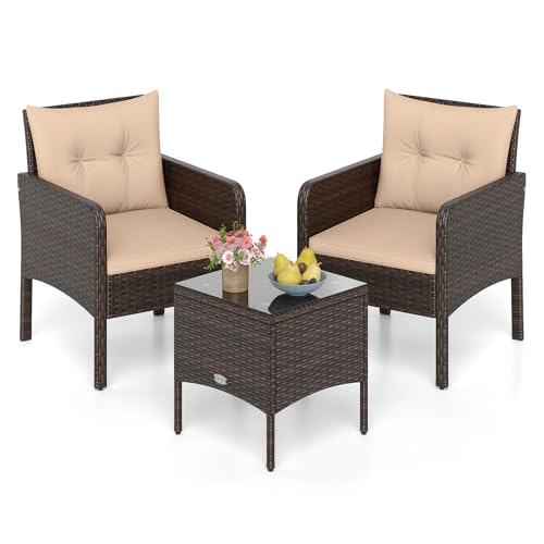 Image of Tangkula 3 Pieces Patio PE Wicker Furniture Set, Outdoor Bistro Conversation Set with Cushions and Tempered Glass Coffee Table, Outside Rattan Table and Chairs for Porch (Beige)