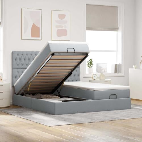 Hoopleep Light Grey Ottoman Bed with Mattresses, 160 x 200 cm, Fabric Cover, Integrated Storage Space, Hydraulic Lifting Mechanism, Queen Size Bed Frame with Headboard for Bedroom