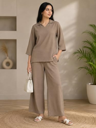 Image of Women's Co Ord Set for Women - Relaxed Fit Collared Top with 3 /4 Sleeves & Wide Leg Palazzo Pants, Casual Lounge Wear Matching Outfit for Daily Wear, Travel & Office