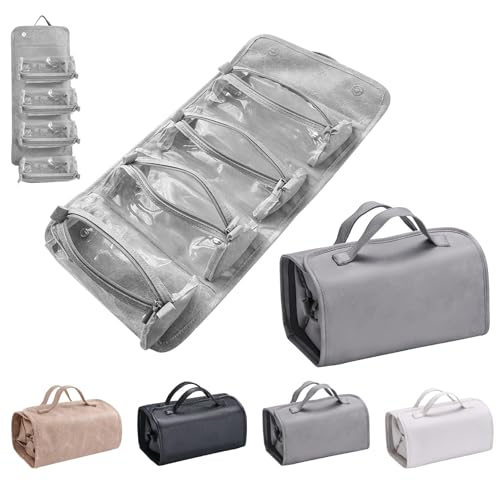 nnOuOnn Flat Lay Travel Makeup Bag, Leather Clear with Compartments, 4 in 1 Waterproof, Detachable Foldable Hanging, Portable Storage Organise, Grey