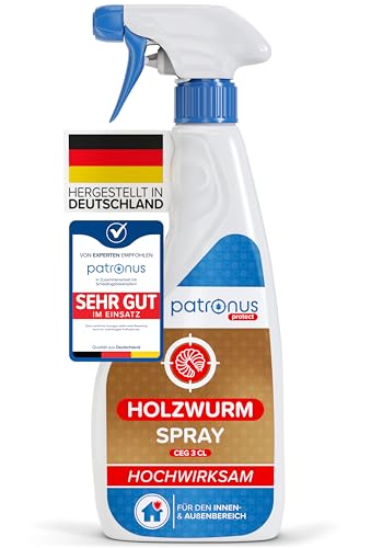 Patronus Holzwurm Spray [500 ml] mit effektiver Sofortwirkung, starkes Abwehr-Mittel gegen Holzwürmer in Möbeln & Holz für innen & außen, hochwirksam & laborgeprüft - Zitrusduft
