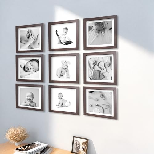 Image of Photo Frame for Wall | Set of 9 Brown Photo Frames 8x8 Inch | Gift for Anniversary & Housewarming | Wall Decor Items for Home Decor & Wedding Gift for Couples
