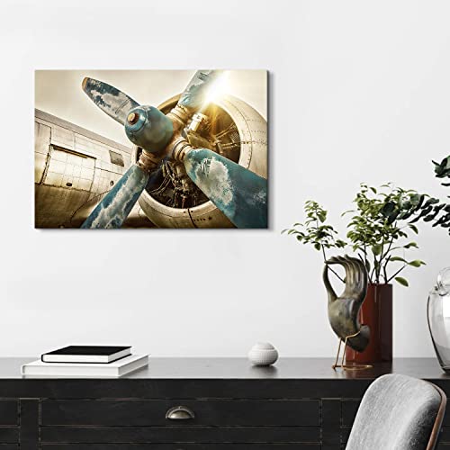 Image of Vintage Airplane Wall Art, Aviation Military Aircraft Propeller Canvas Prints Picture Art Office Wall Decor 16x24 inch, Modern Fighter Jet Engine Painting Artwork for Living Room Bedroom Home Decoration