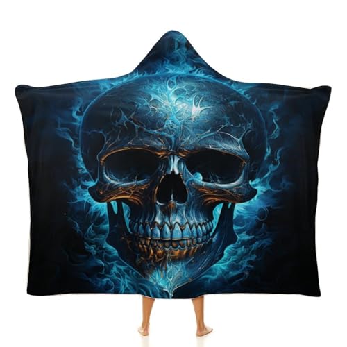 Snbidmk Blue Flame Skull Hooded Blanket Soft Fleece Throw Skull Plush Wearable Blanket Hoodie for Adult Kids-C1-60x80
