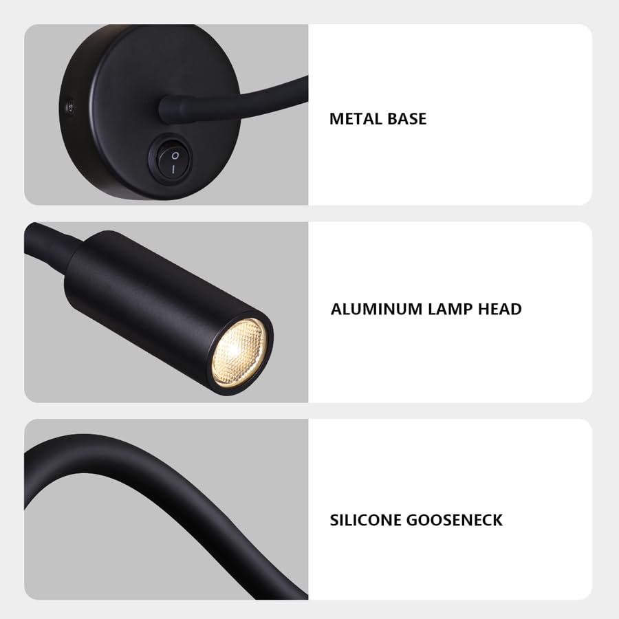 Image of LED Reading Lamp 3W Warm White 3000K for Reading Books Black Hardwired 2PCS (RS025)